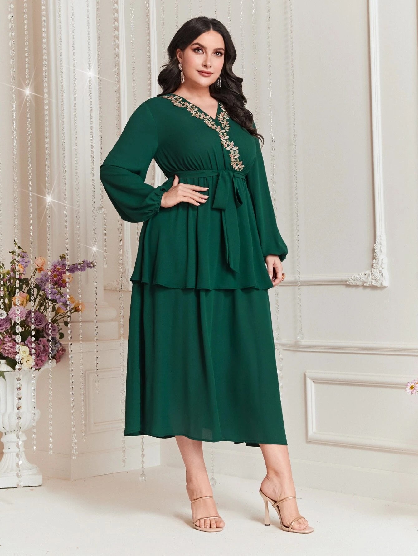Modely plus Size Embroidered Decor Lantern Sleeve Dress