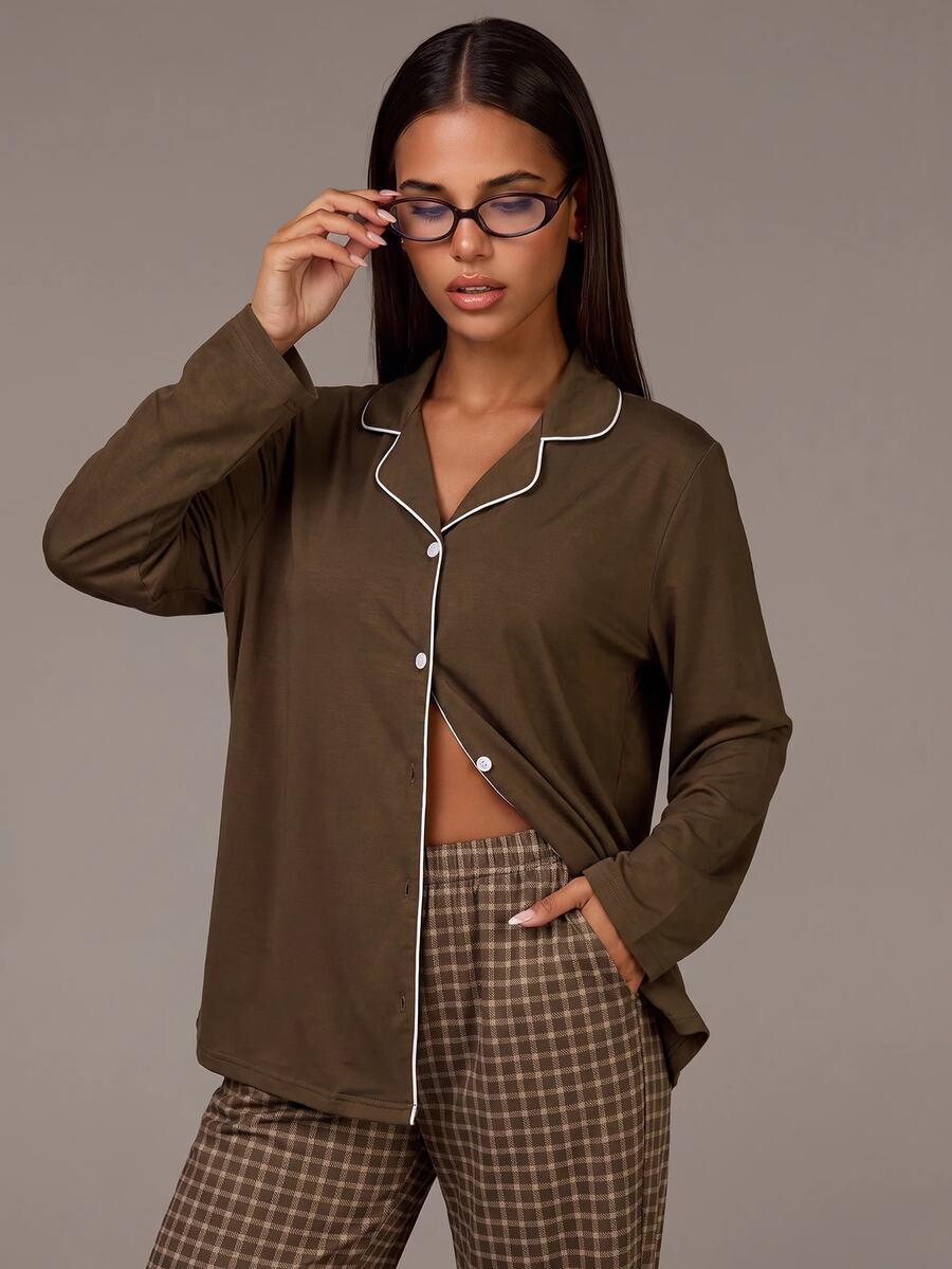 SHEIN Athîral طقم بيجامة قطعتين بنقشة مربعات وأزرار