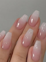 24Pcs Short Coffin Shape Pink Gradual Change Jelly Pink Nail Kit Suitable for Women and Girls