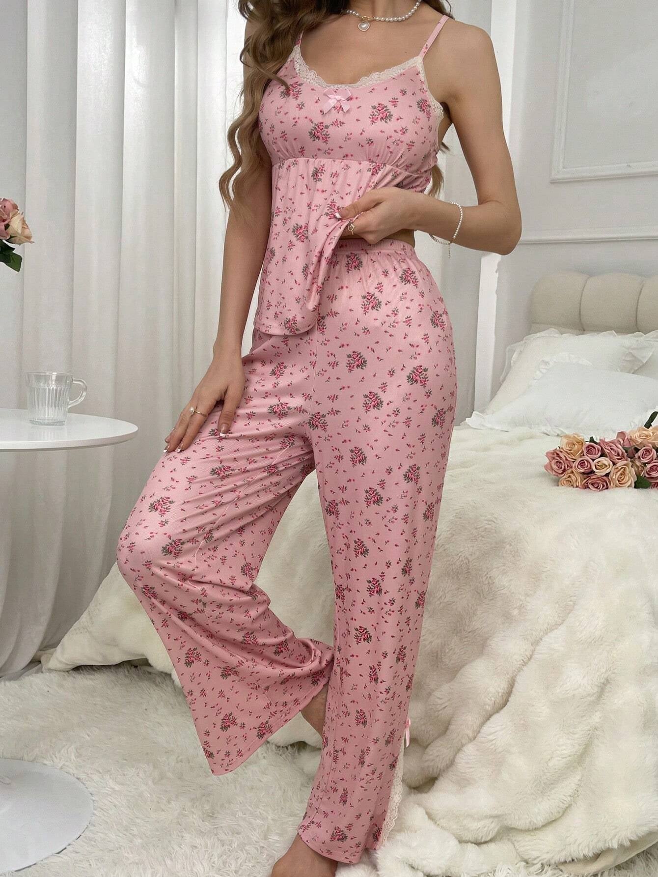 Ladies' Lace Panel Floral Print Pajama Set