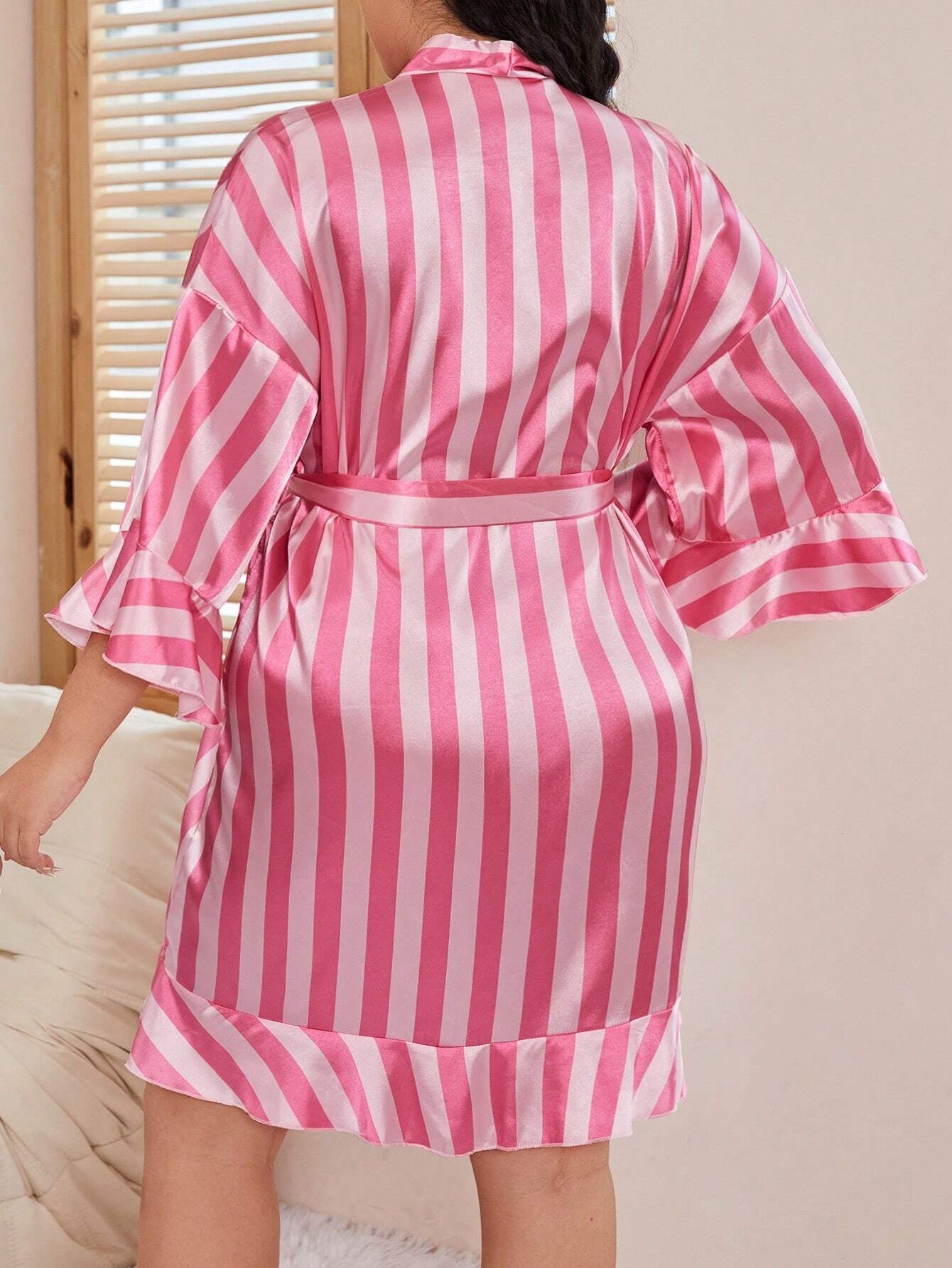 Plus Size Pink Striped Bathrobe