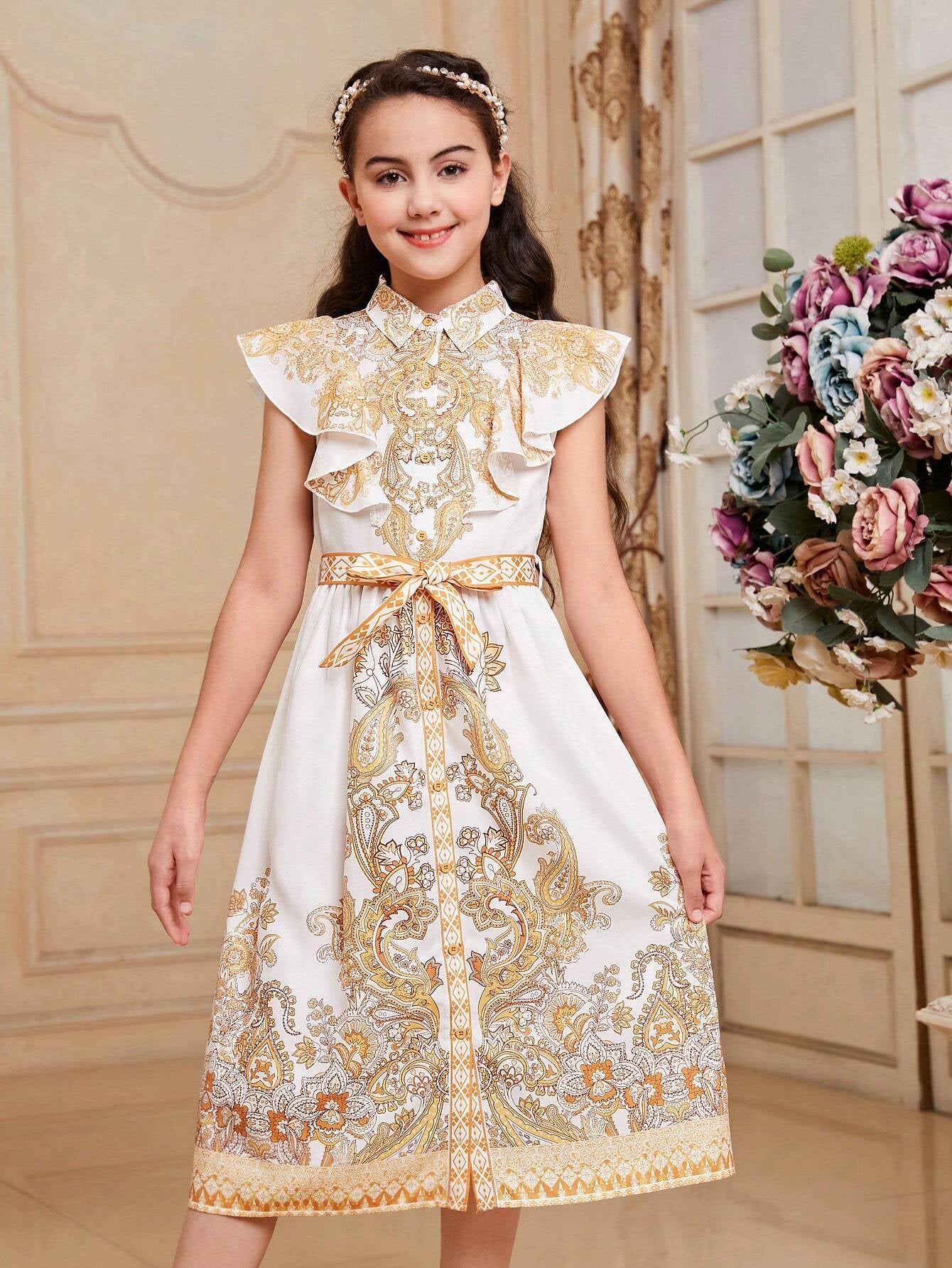 Tween Girls' Fitted Long Dress with Gorgeous Paisley Pattern, Ruffled Collar and Hem