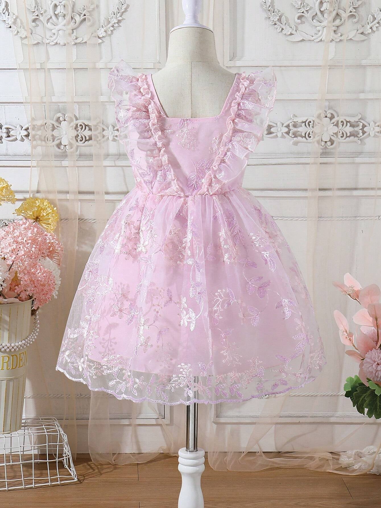 Young Girl'S Elegant Flower Embroidered Mesh Sleeveless Dress with Ruffle Trim, Perfect for Wedding, Birthday Party, Holiday, Sweet Summer Outfits