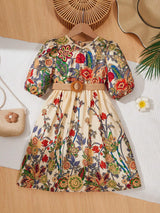 Young Girl Floral Printed V-Neck Puff Sleeve Dress