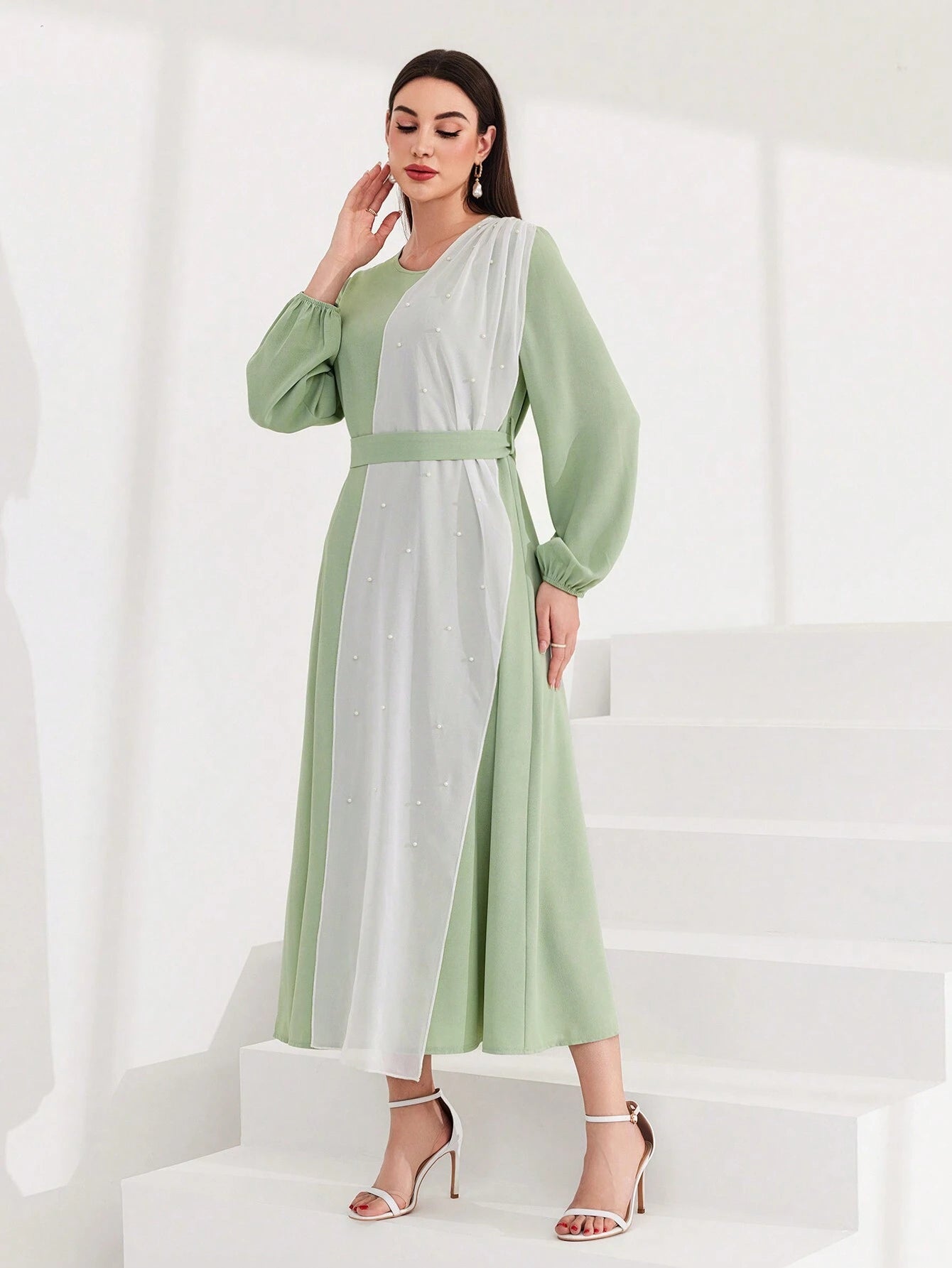 Mulvari Lantern Sleeve Color Block Women'S Dress