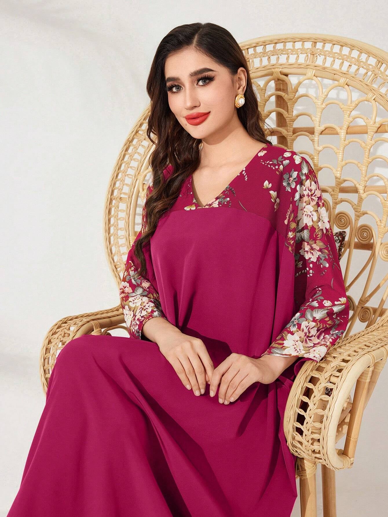 Najma Batwing Sleeve Dress with Plant Pattern Print