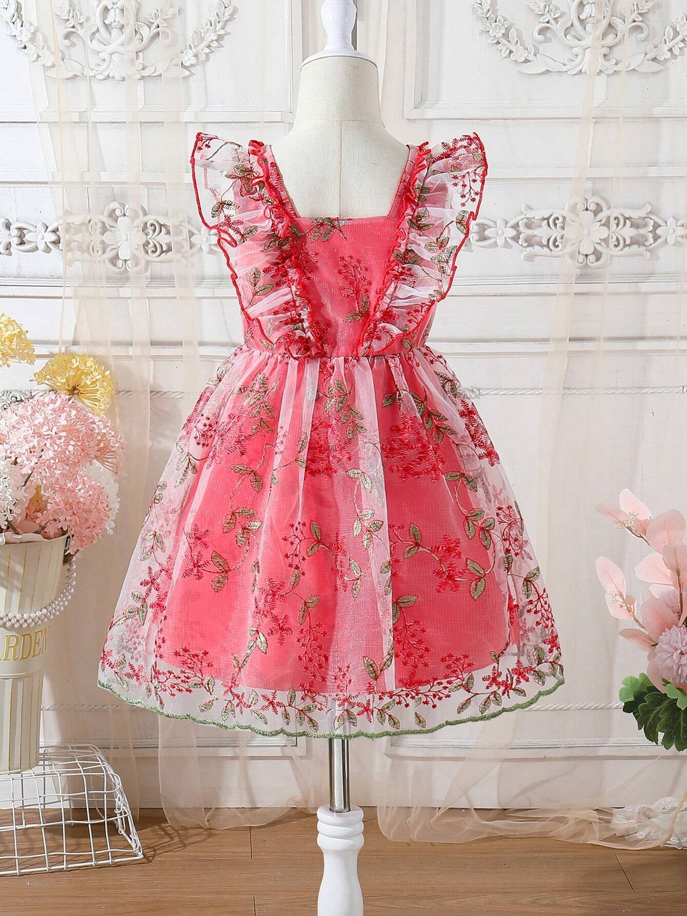 Young Girl'S Elegant Flower Embroidered Mesh Sleeveless Dress with Ruffle Trim, Perfect for Wedding, Birthday Party, Holiday, Sweet Summer Outfits