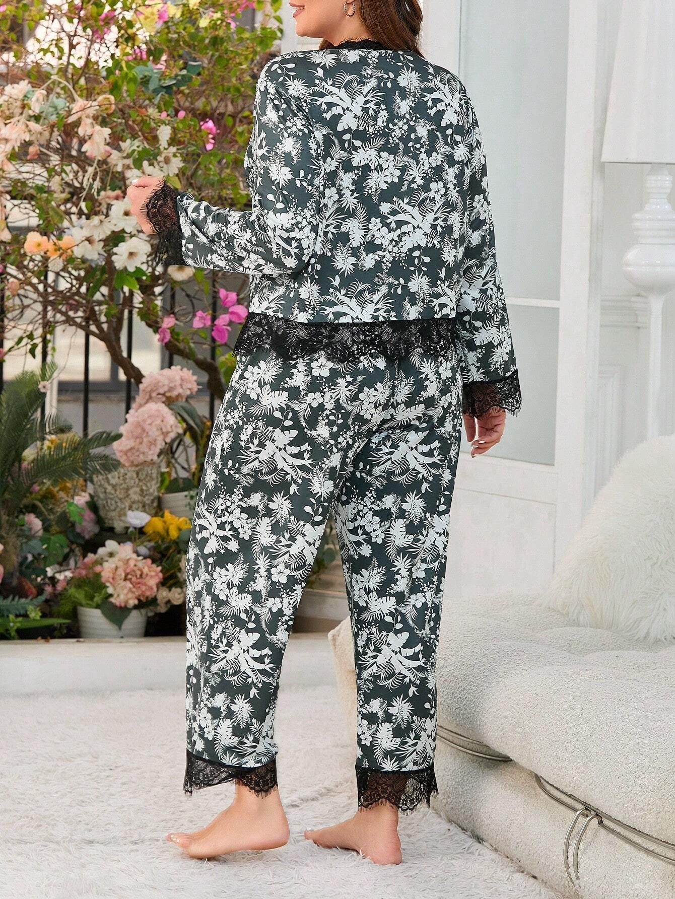 Plus Size Women'S Tropical Print Lace Patchwork Pajama Set
