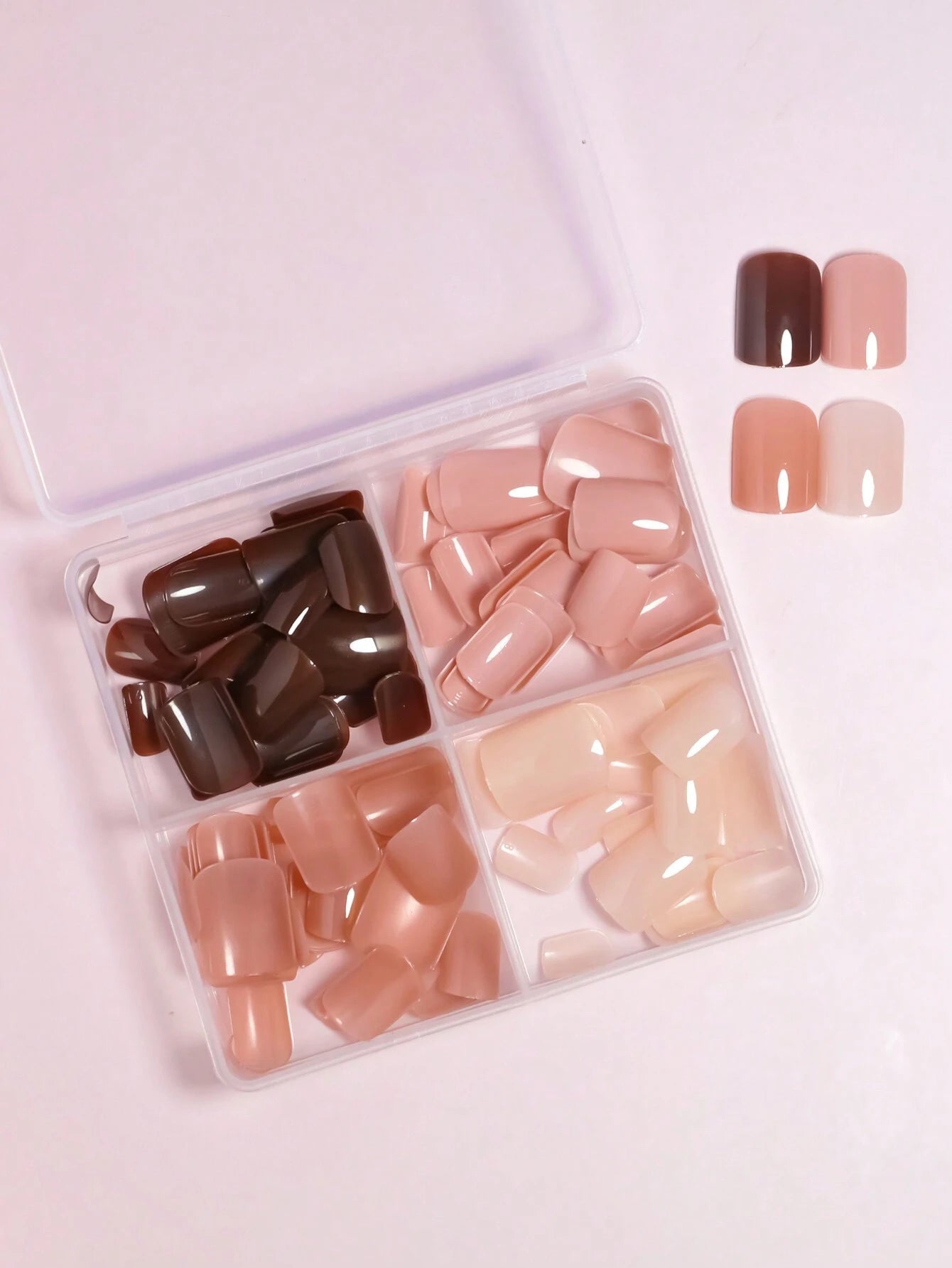 96Pcs(4Different Colors) Brown/Nude Solid Glossy Wearable Nail Art Lovely Short Square Fake Nails Detachable Finished False Nails Press on Nails as Gifts for Women and Girls with Storage Box