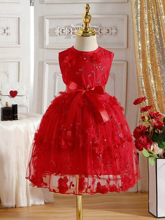 Young Girl, Red Sleeveless Princess Dress with Embroidered Mesh Patchwork