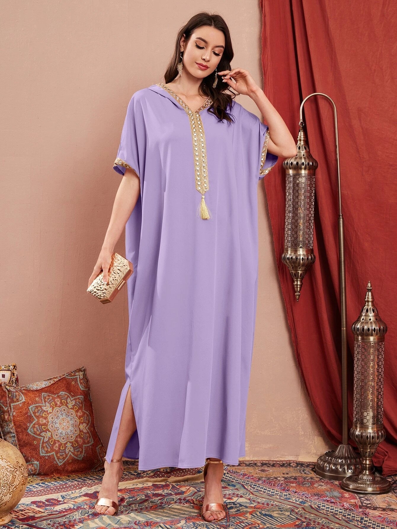 Najma Contrast Embroidered Trim Split Hem Kaftan