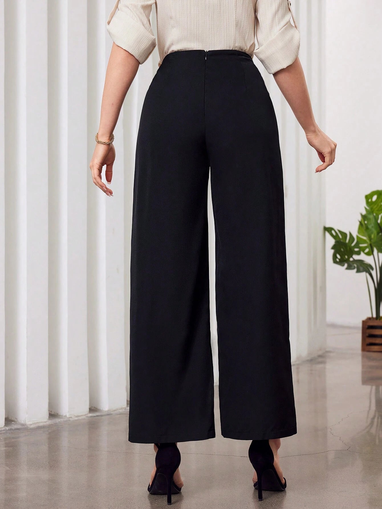 Modely Solid Color High-Waist Wide Leg Pants