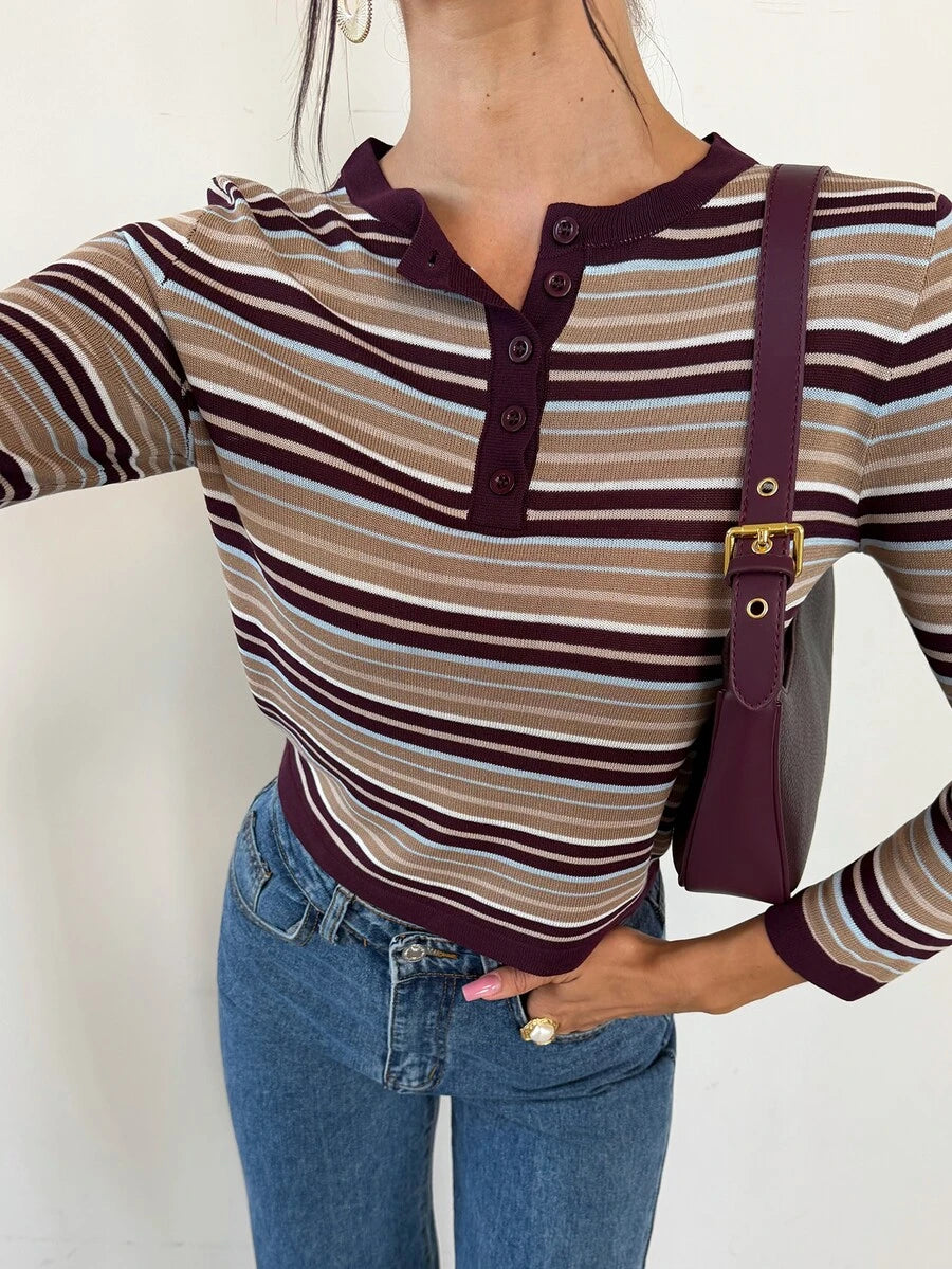 SHEIN Firerie تي شيرت نسائي بأكمام طويلة وتصميم هينلي