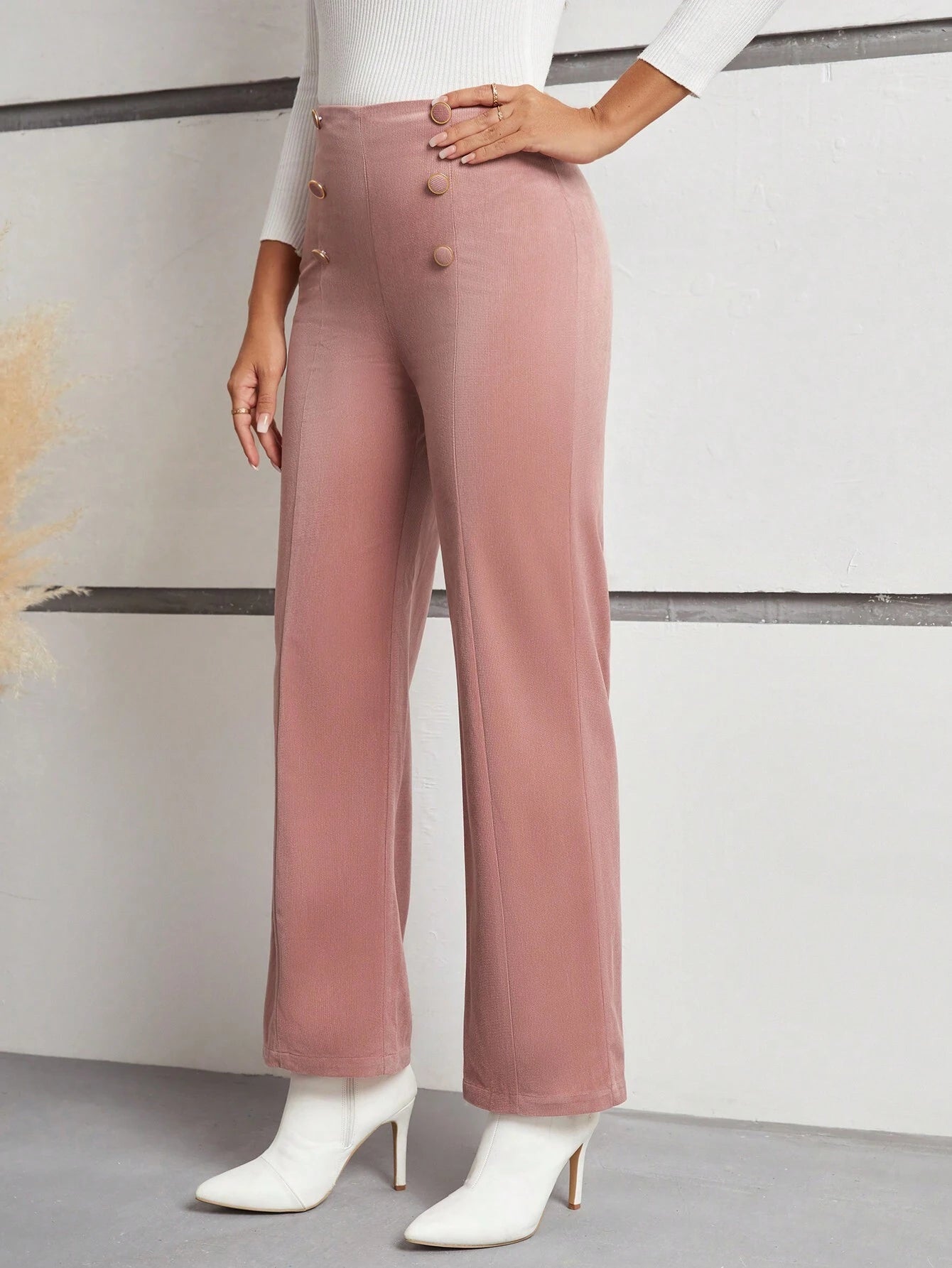 Frenchy High-Waisted Straight Leg Pants with Double Breasted Decoration