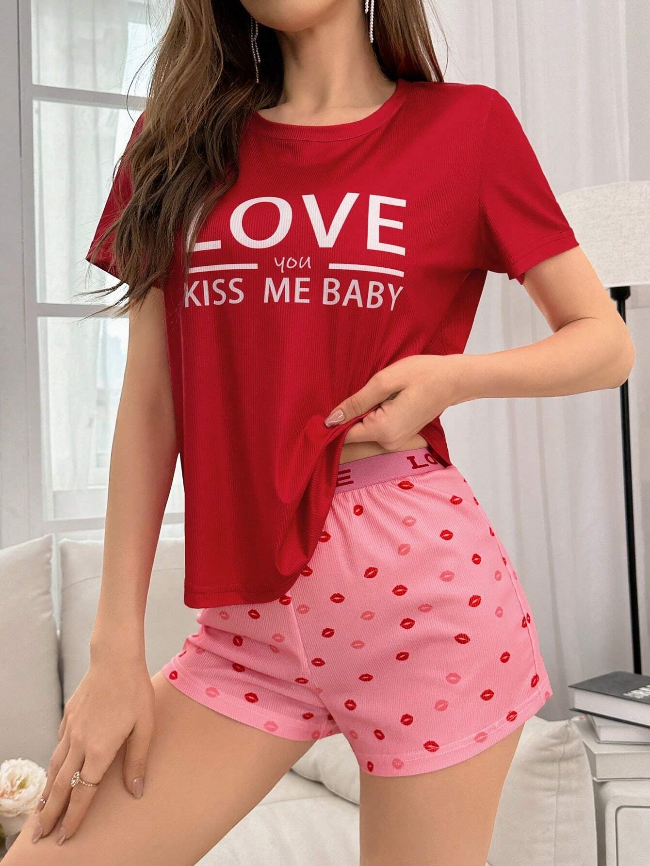 Women'S Short Sleeve Pajama Set with Letter Print