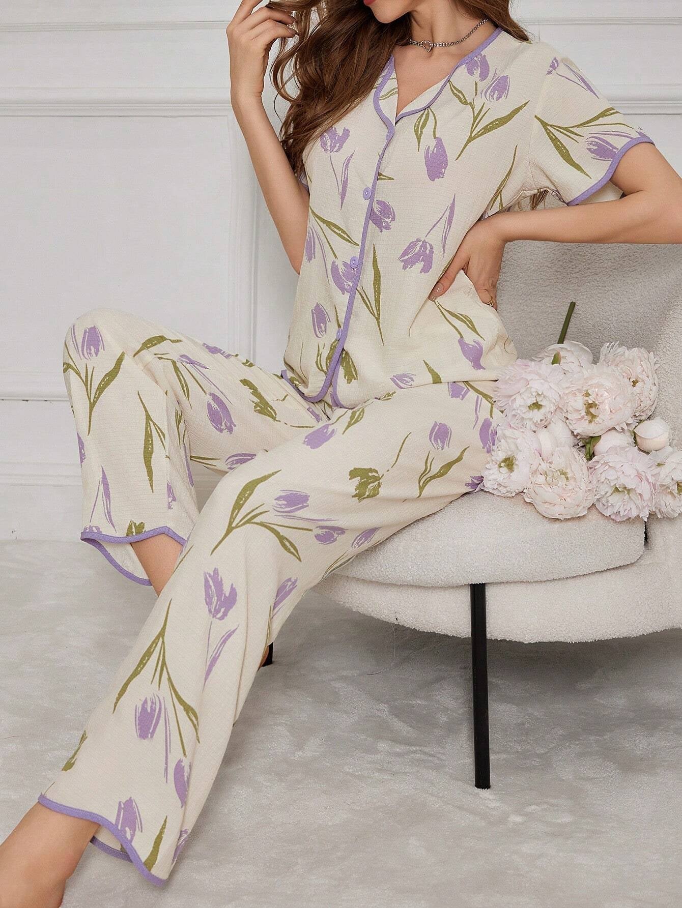 Floral Print Contrast-Edge Short Sleeve and Long Pants Pajama Set