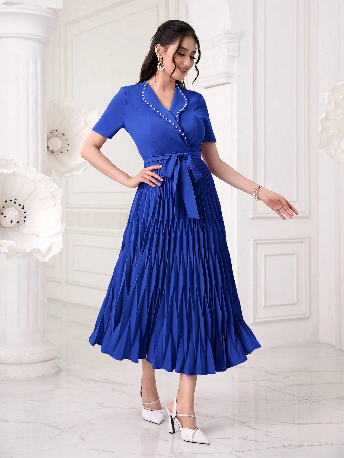 Modely Pearls Beaded Detail Belted Pleated Hem Dress