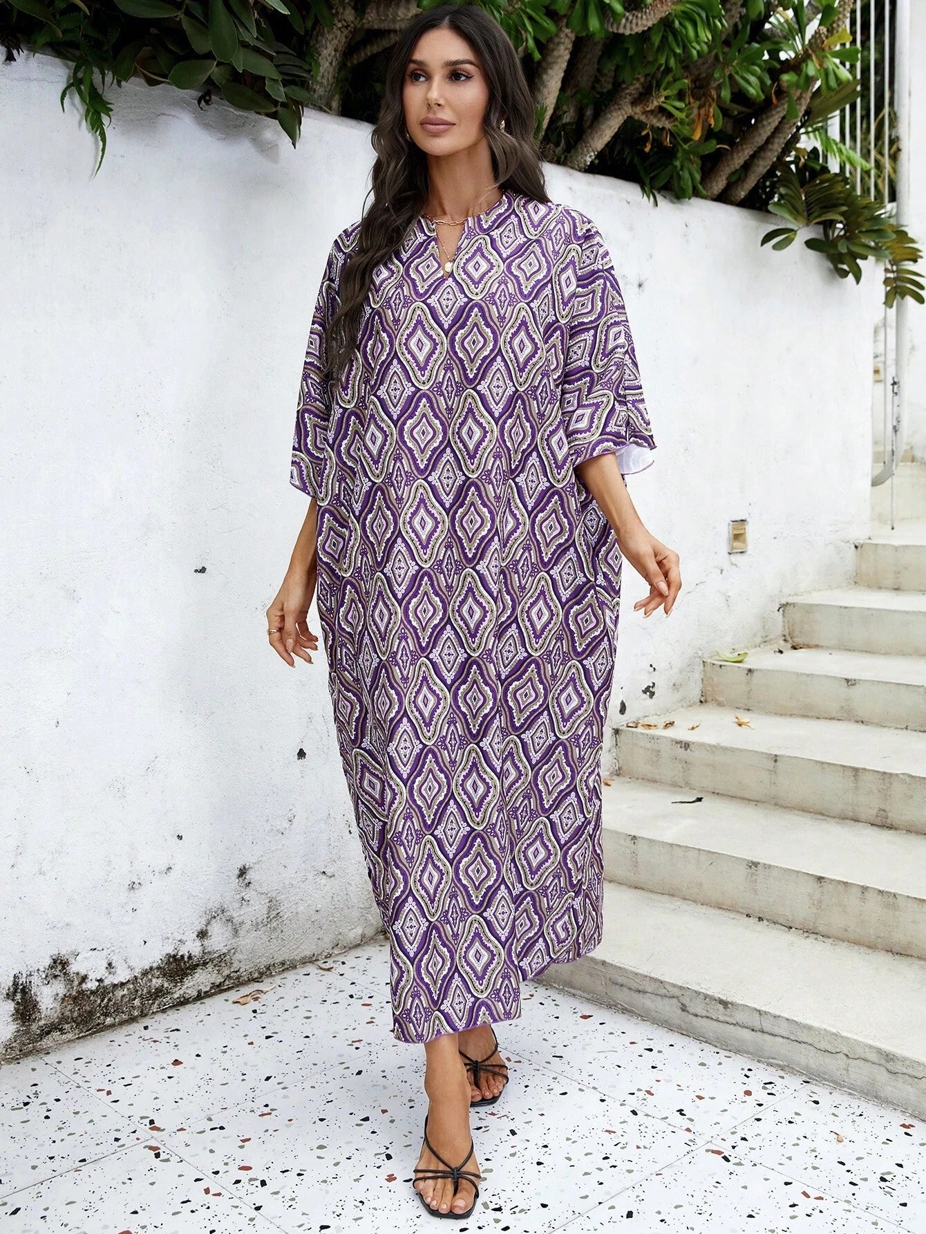 Najma Women'S Loose Turkish Long Shirt with Geometric Pattern