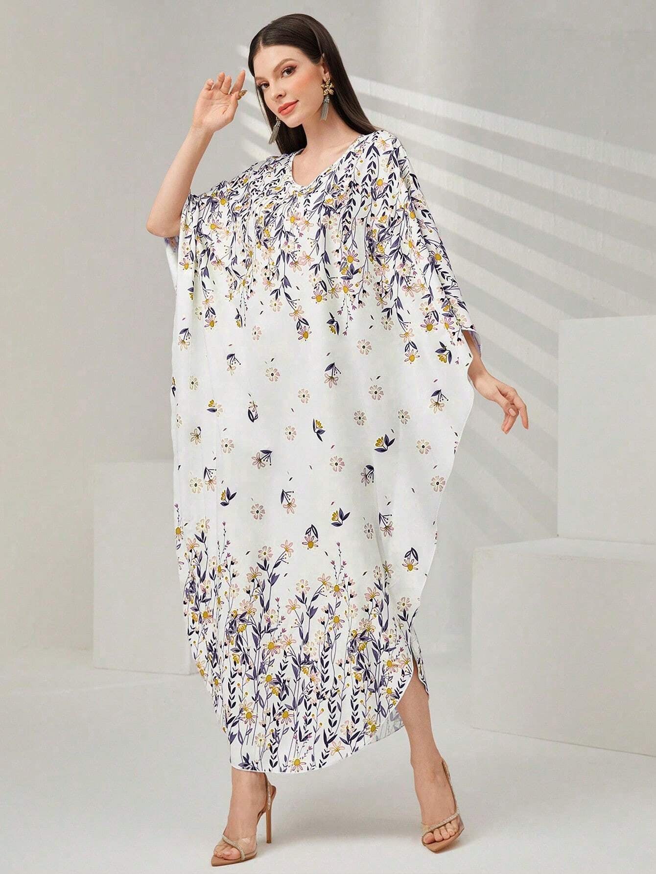 Najma Women'S Floral Print Batwing Sleeve Turkish Long Shirt