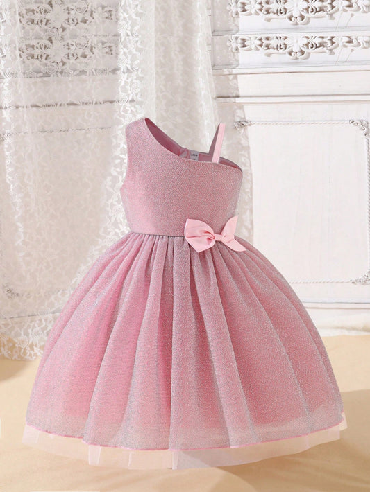 Young Girl Asymmetrical Neck Bow Front Mesh Overlay Dress