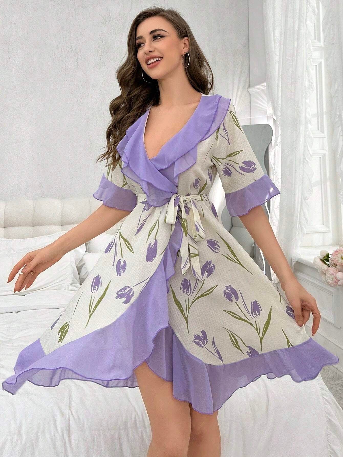 Women'S Tulip Print Contrast Color Wrap Belted Robe with Ruffled Hem
