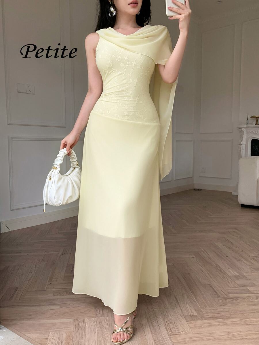 SHEIN Celisse فستان طويل أصفر مزين بالدانتيل والكروشيه بتصميم مرقع