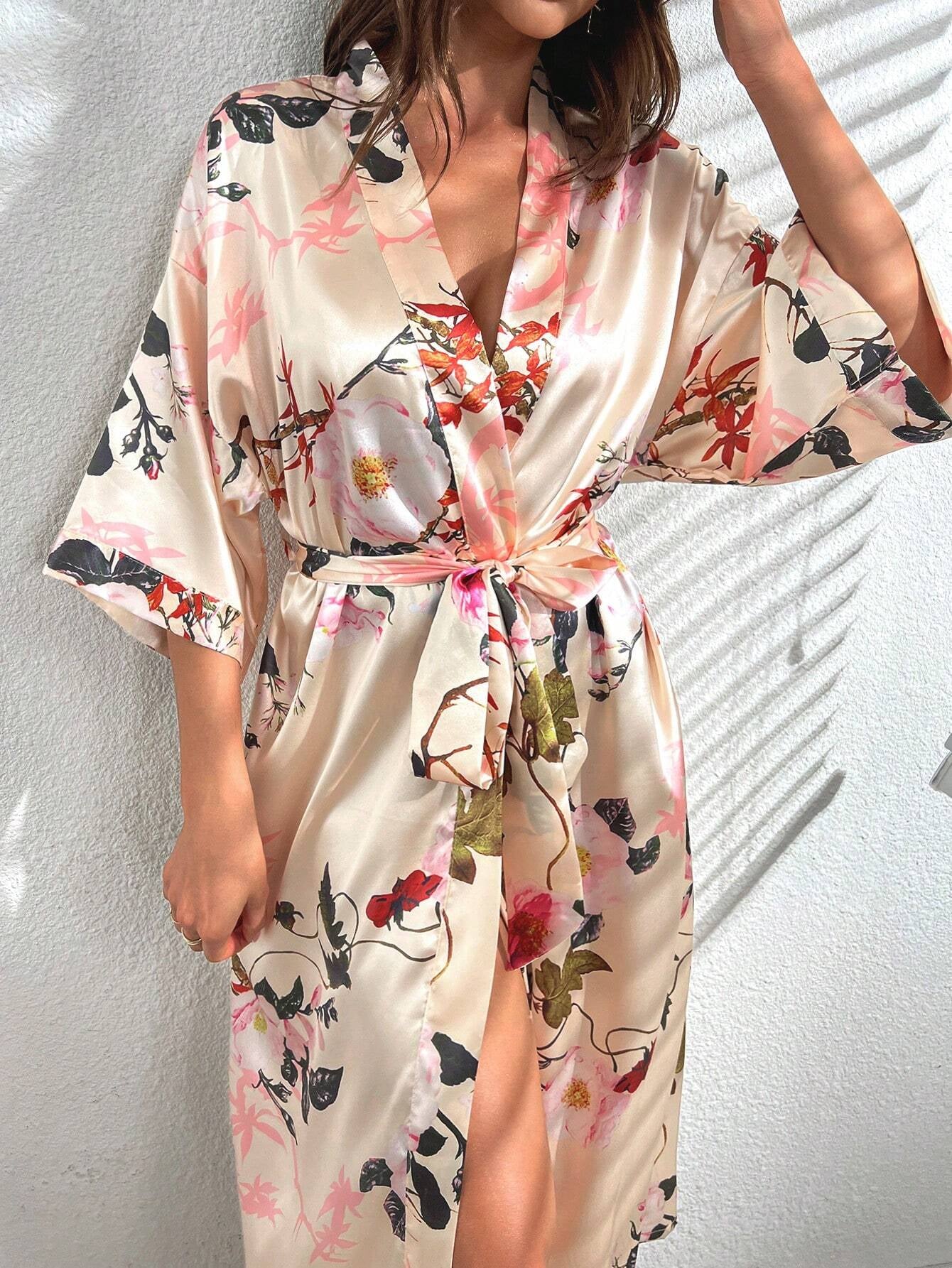Floral Print Belted Satin Robe