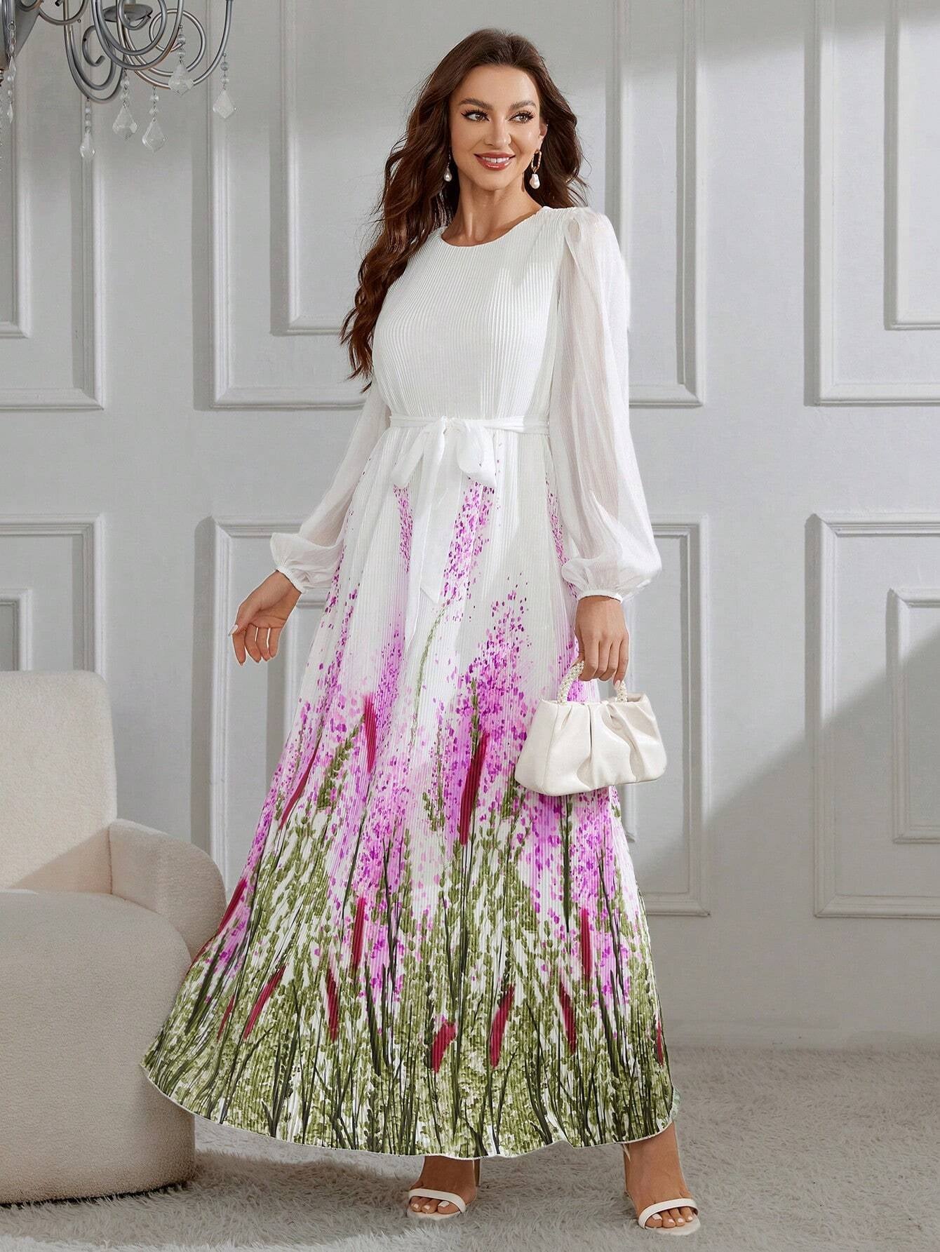 Modely Women'S Printed Lantern Sleeve Dress with Pleated Details