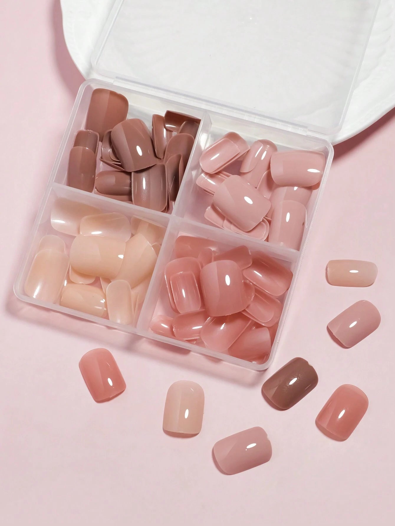 96Pcs(Dark Nude/Nude/Cream/Shrimp Pink-4Colors) Medium Square Press on Nails Acrylic Short Fake Nails Full Cover Solid Colors Designs Shiny Glue on Nails False Nail as Gift for Women and Girls with Storage Box