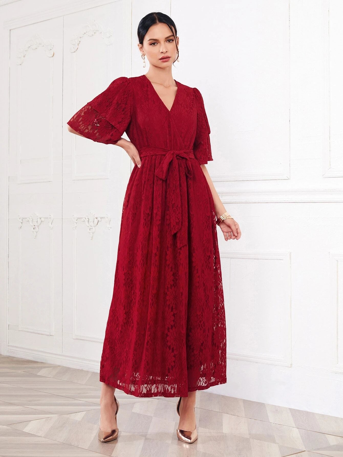 Modely Surplice Neck Butterfly Sleeve Belted Lace Overlay Dress