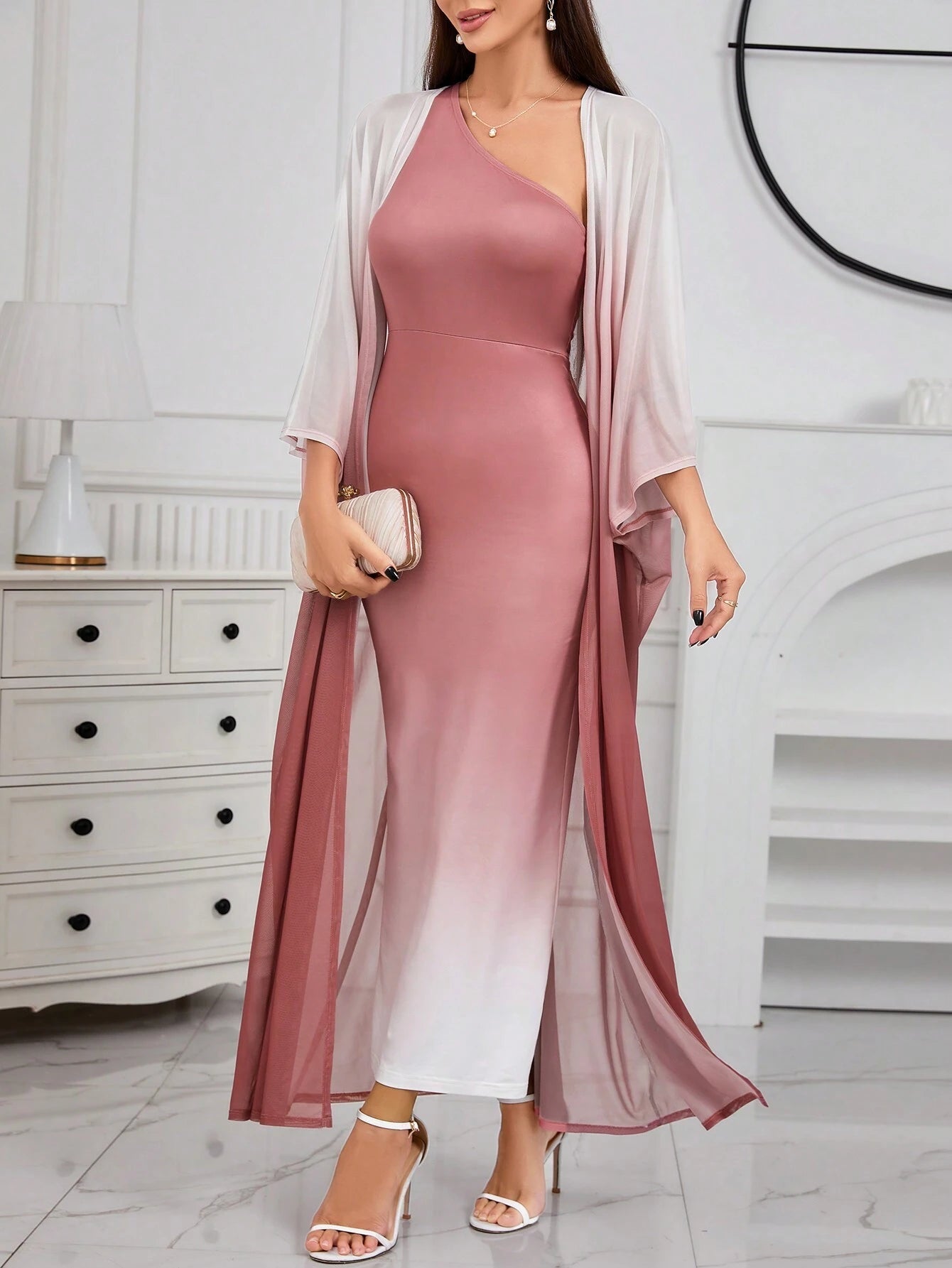 Modely Ombre Shoulder Sloping Dress with Coat Evening Dress