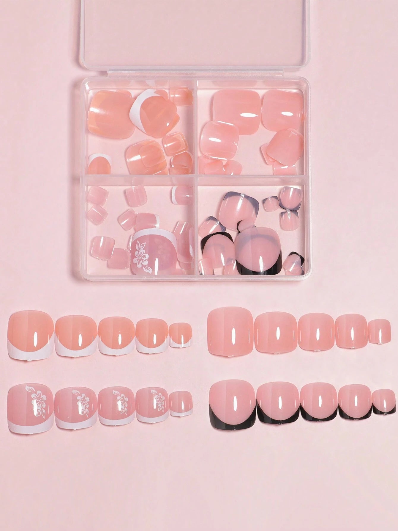 96Pcs(Black/White/Red/Light Pink) Short Square Press on Toenails Designed Press on Toenails Full Cover, 4 Glossy False Toenails for Feet, French Design Fake Toenails for Summer Nail Art Set for Women and Girls with Re-Usable Storage Box