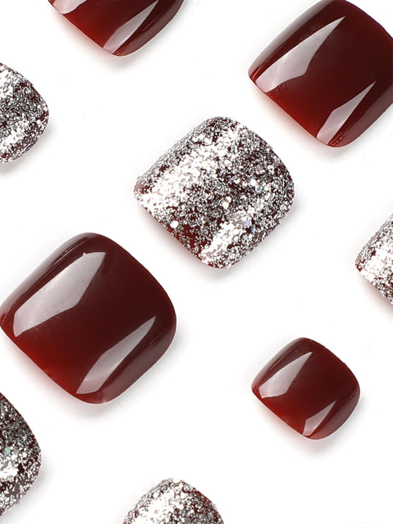 Upgrade Your Look with 24Pcs Short Square Timeless Burgundy Glittered Press-On Pedicure Gel Nails Full Cover Fake Toenail Kit