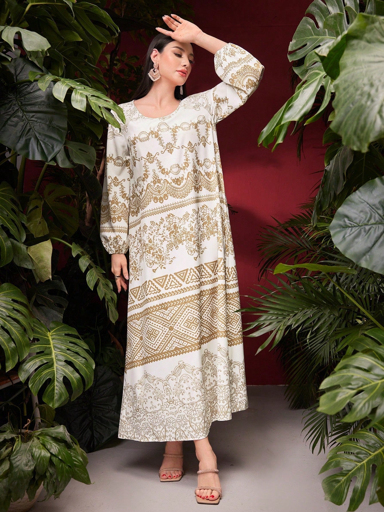 Najma Vintage Women'S Lantern Sleeve Printed Dress