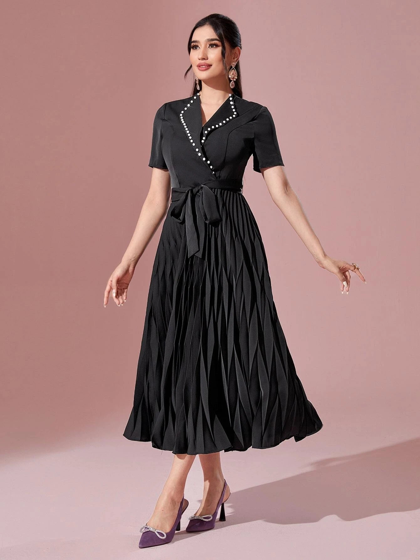 Modely Pearls Beaded Detail Belted Pleated Hem Dress