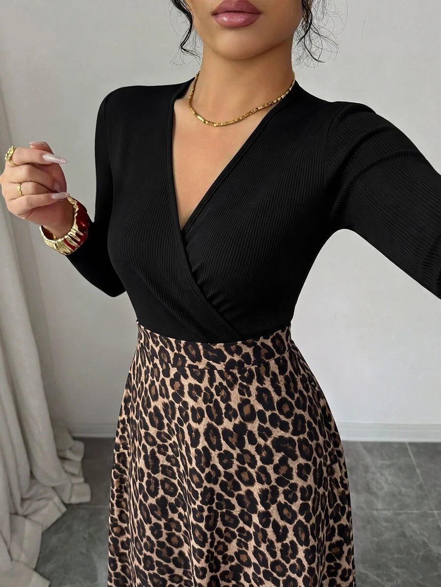 SHEIN Elenzga فستان طويل أسود بطبعة جلد النمر وتصميم ضيق متسع