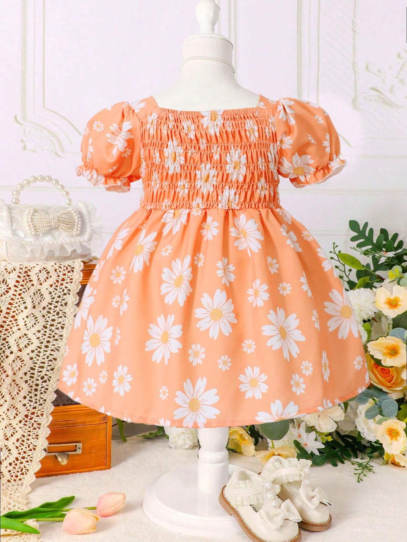 Baby Girl Floral Print Bow Front Puff Sleeve Dress