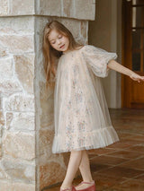 Young Girls' Vintage Floral Patchwork Mesh Bubble Sleeve Dress with Print, Casual Style