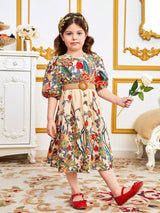 Young Girl Floral Printed V-Neck Puff Sleeve Dress