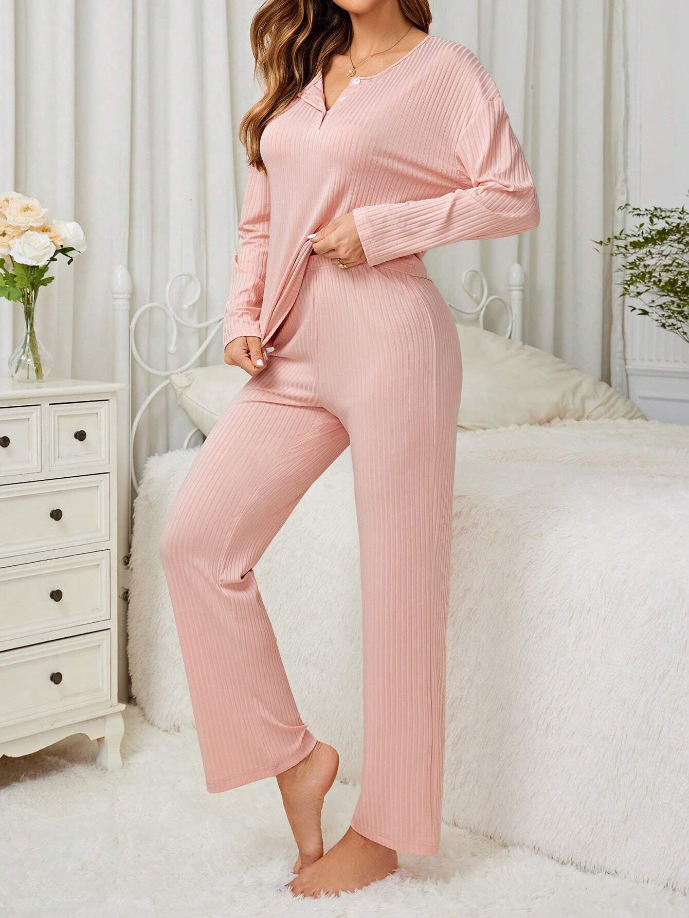 Solid Color Ribbed Long-Sleeved Loungewear Suit