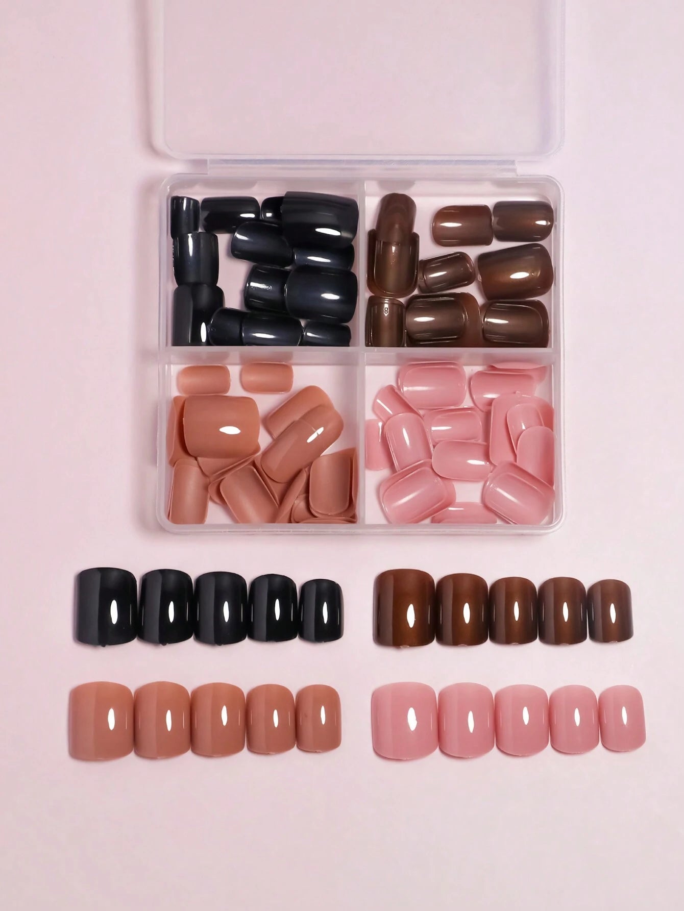 96Pcs (Matte Dark Brown/Matte Nude/Shiny Nude/Shiny Light Nude) DIY Colors Combined Gradient Design Natural Looking Press on Nails Short Fake Nails Square Nails Set with Storage Box as Gift for Women and Girls