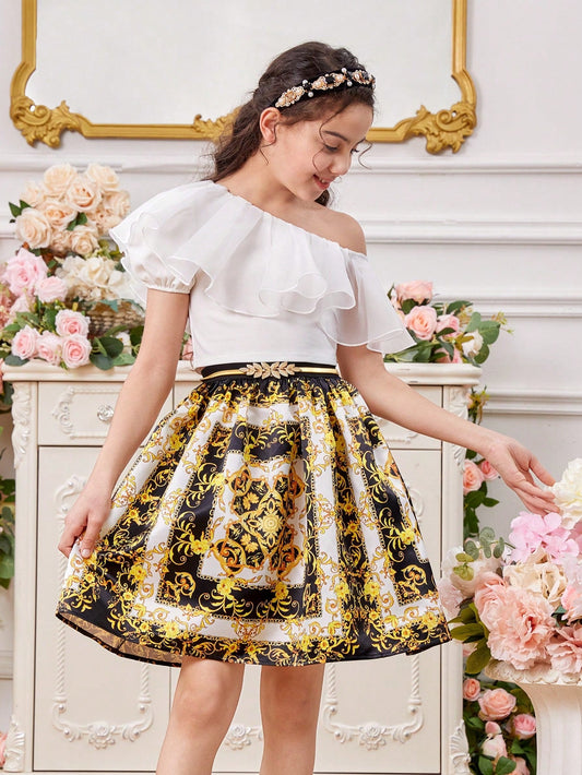 Tween Girls' One Shoulder Ruffle Trim Top & Vintage Flower Patterned Skirt Set