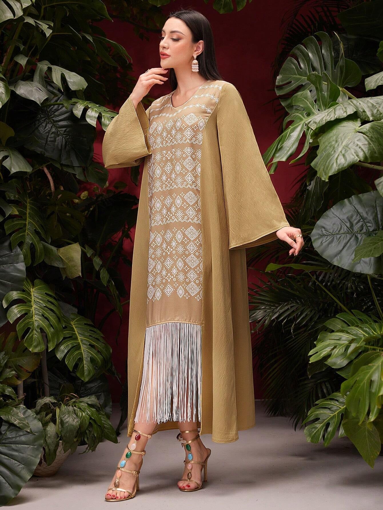 Najma Women'S Geometric Print Fringed Hem Arabic Jalabiya Dress