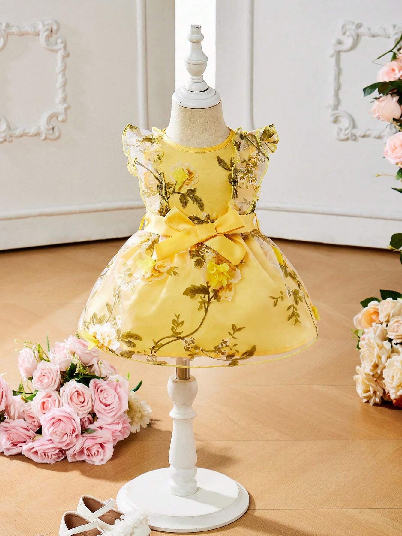 Baby Girls' Organza Floral Print Back Zipper Knot Waist Dress