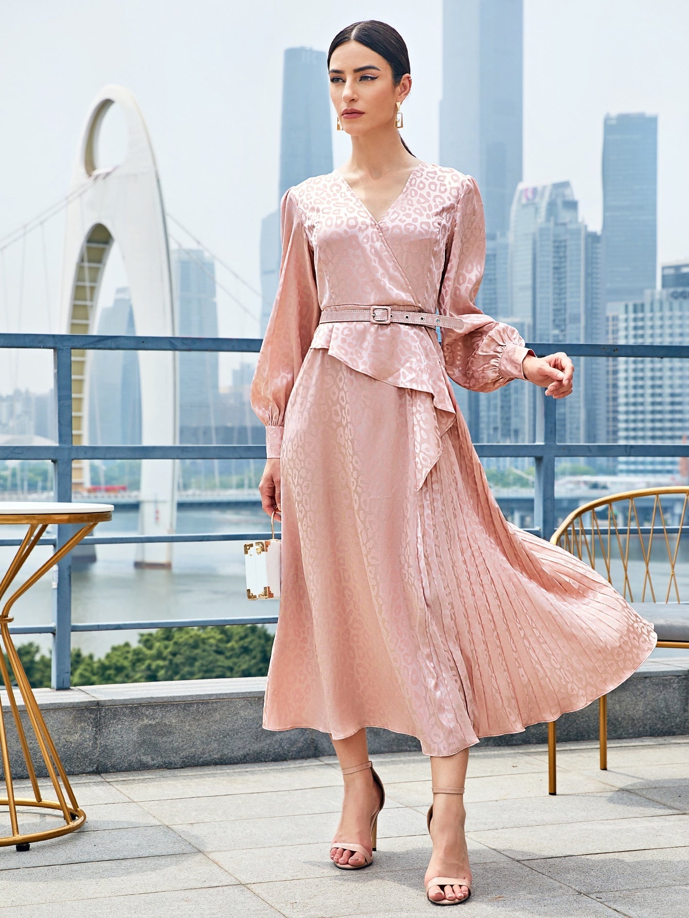 Modely Lantern Sleeve Pleated Hem Leopard Jacquard Satin Belted Dress