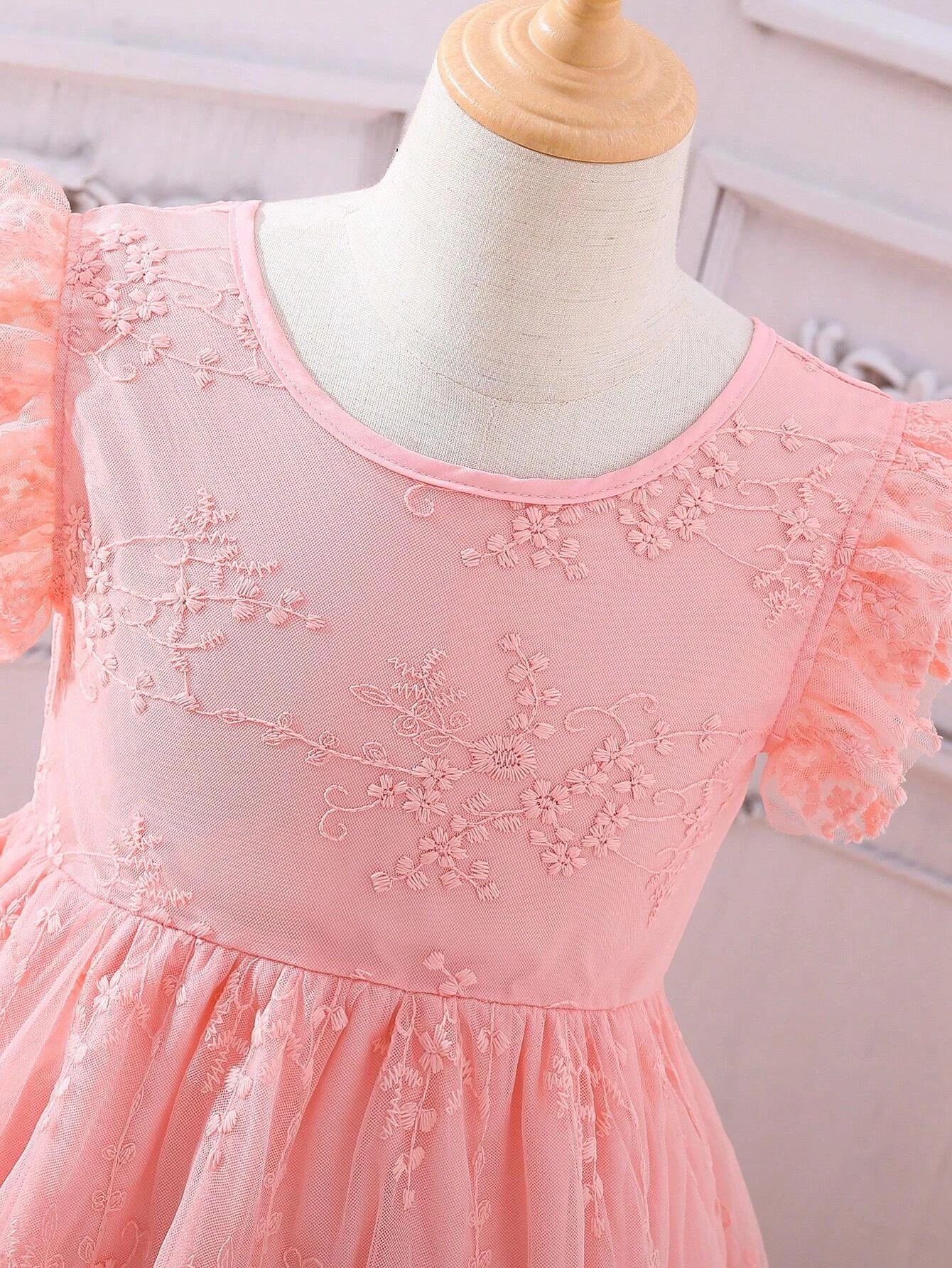 Young Girl Bow Back Ruffle Trim Lace Overlay Dress