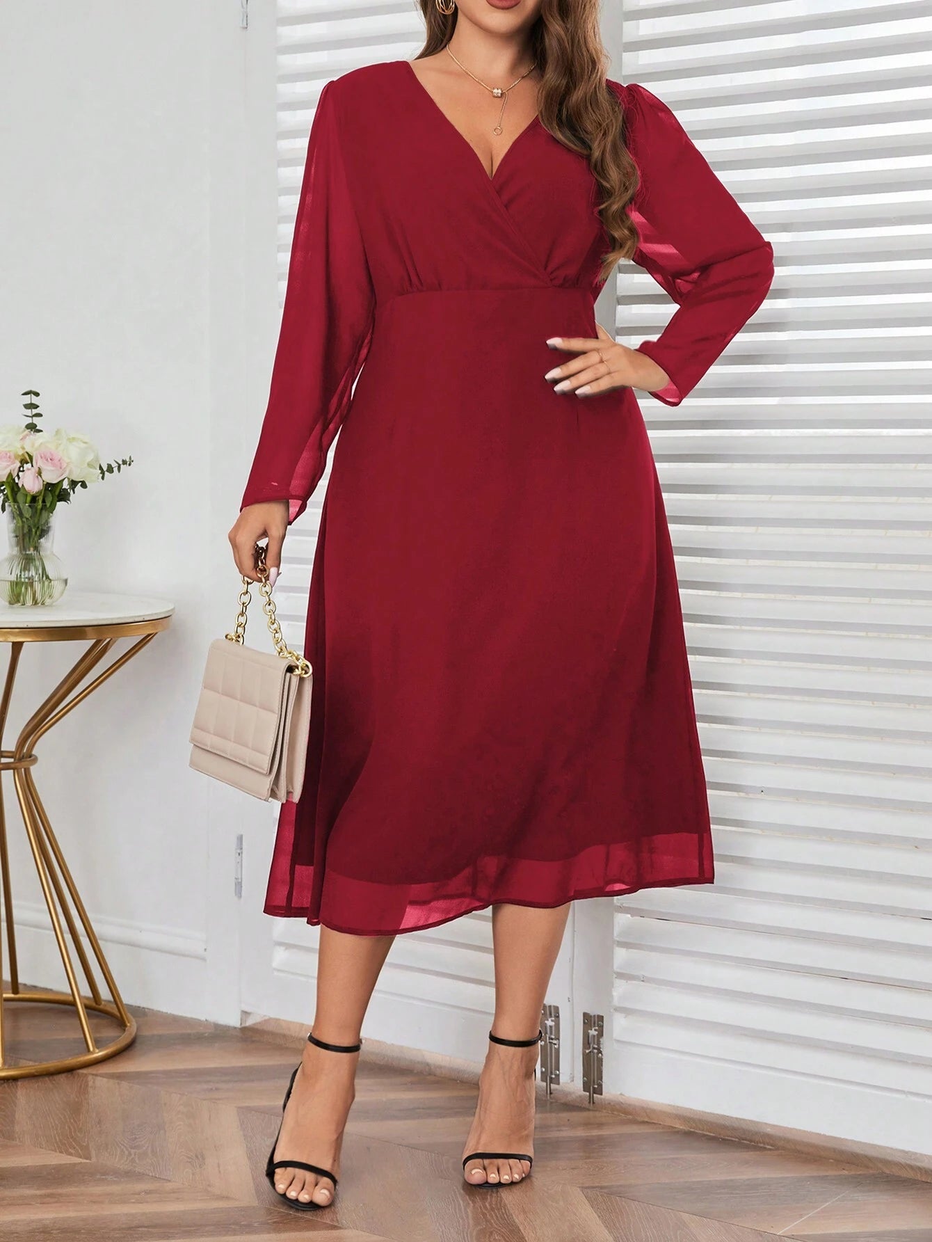 Privé plus Size Wrap Neck Long Sleeve Dress