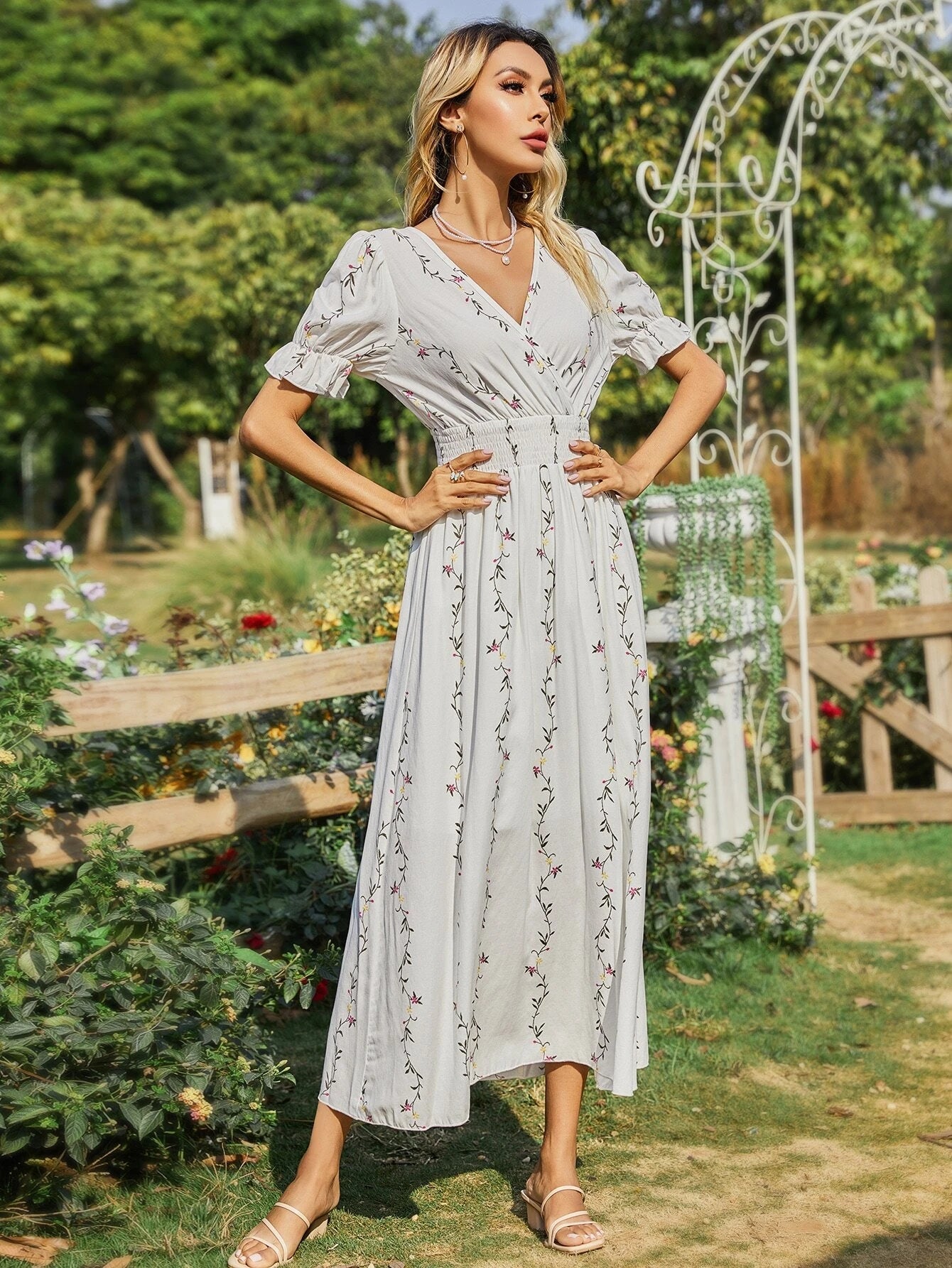 Mulvari Plants Print Surplice Front Shirred Waist Dress