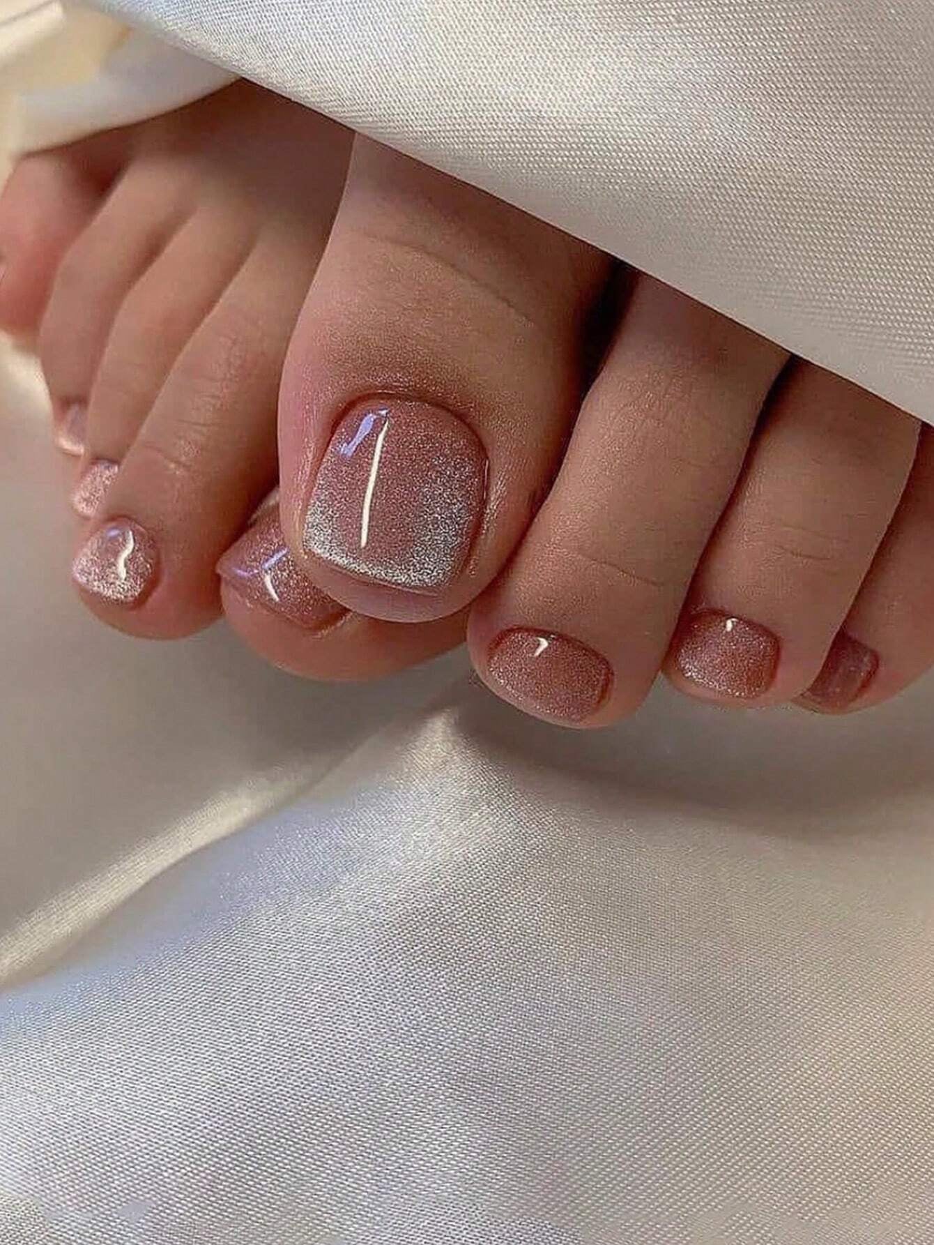 Upgrade Your Look with 24Pcs Short Square Glitter Full Cover Fake Toenail Press on Toenails Manicure Kit