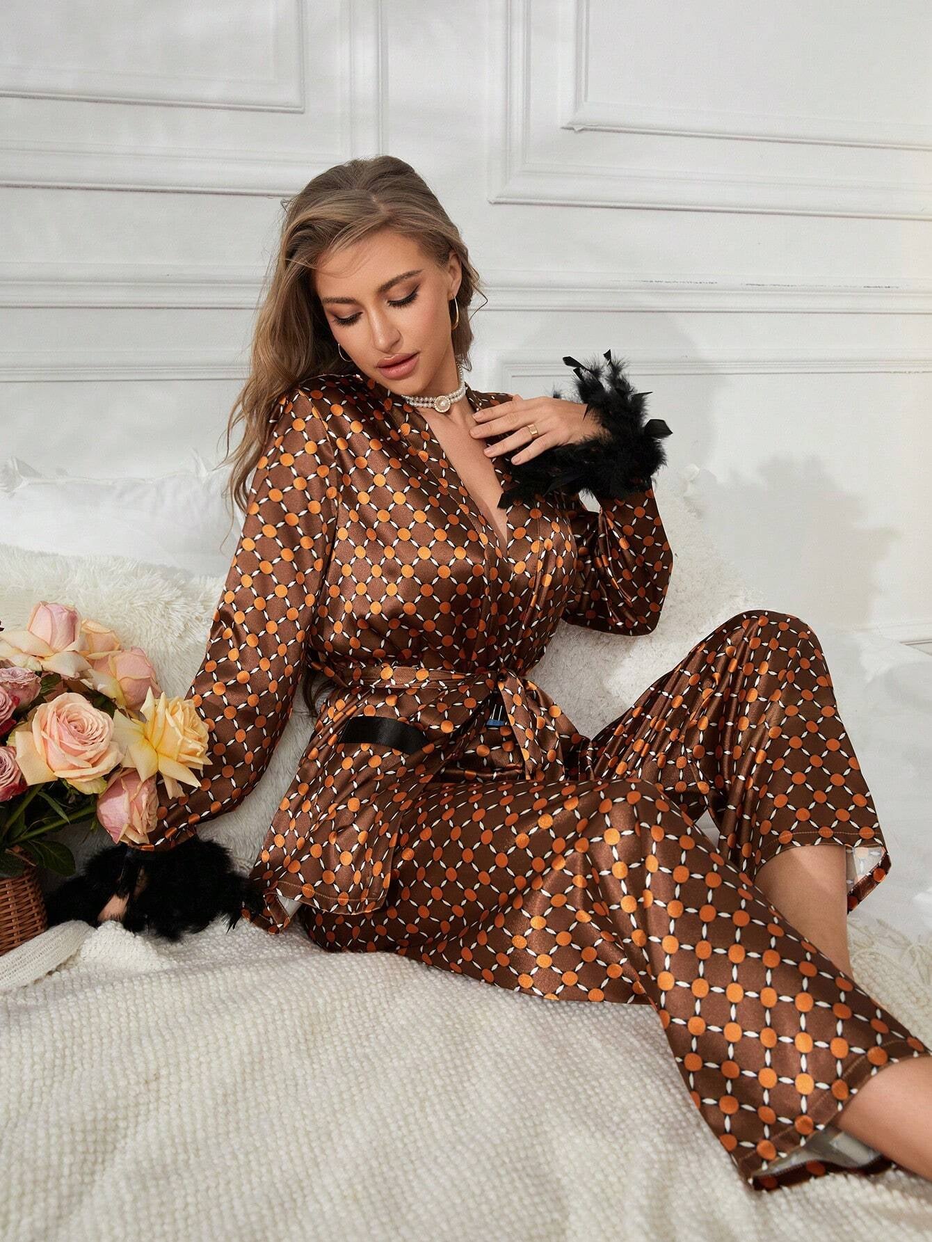 Allover Print Fuzzy Trim Belted Satin PJ Set
